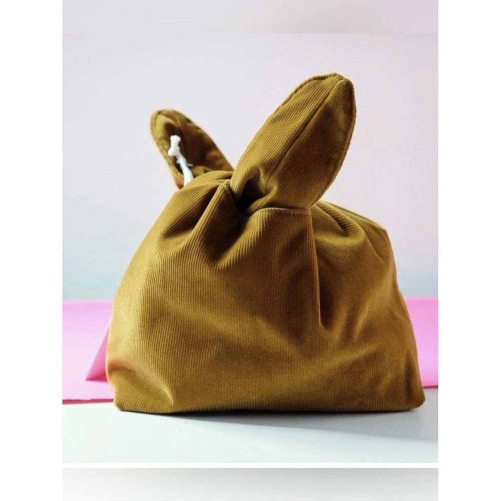 Merit Beauty Signature Cosmetic Bag Brown Corduroy Tie Closure Makeup Pouch NWT
